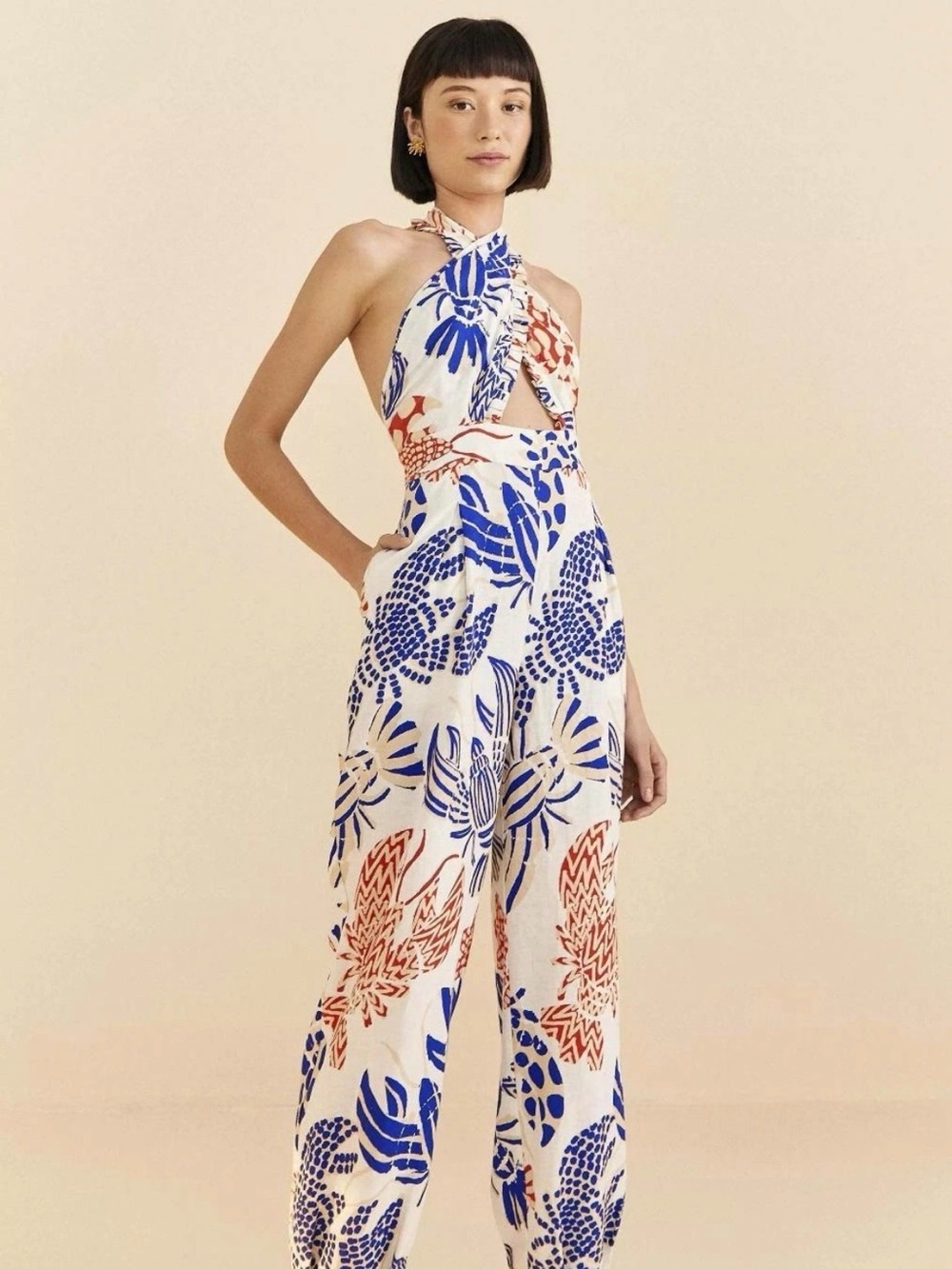 FARM Rio White Halter Jumpsuit with Blue red lobster print with HAT!